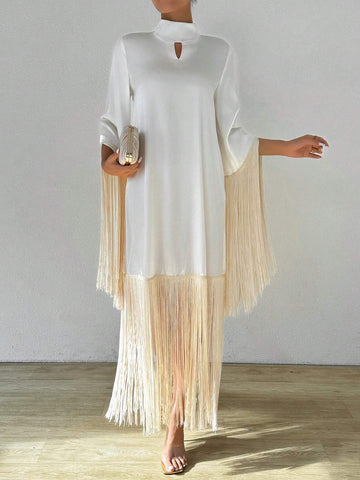 Solid Color Keyhole Neck Hollow Out Lace Tassels Hem Conservative Summer Dress