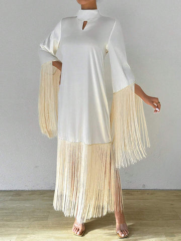 Solid Color Keyhole Neck Hollow Out Lace Tassels Hem Conservative Summer Dress