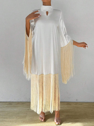 Solid Color Keyhole Neck Hollow Out Lace Tassels Hem Conservative Summer Dress