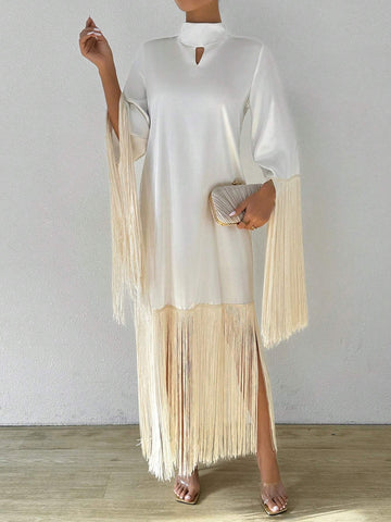 Solid Color Keyhole Neck Hollow Out Lace Tassels Hem Conservative Summer Dress