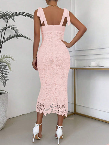 Solid Color Knot Shoulder Lace Spliced Sleeveless Summer Dress