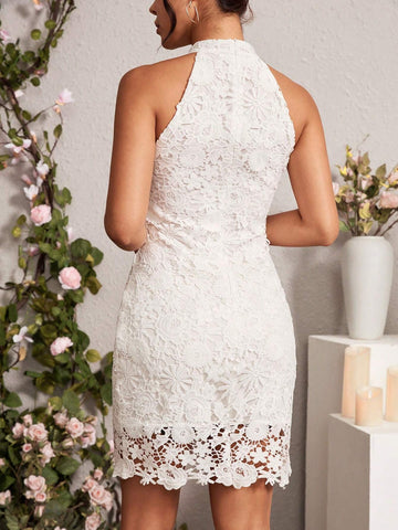 Solid Color Lace Halter Neck Dress
