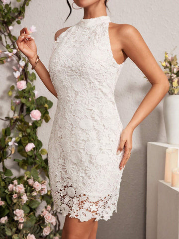 Solid Color Lace Halter Neck Dress
