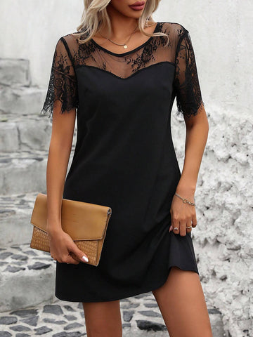 Solid Color Lace Patchwork Dress