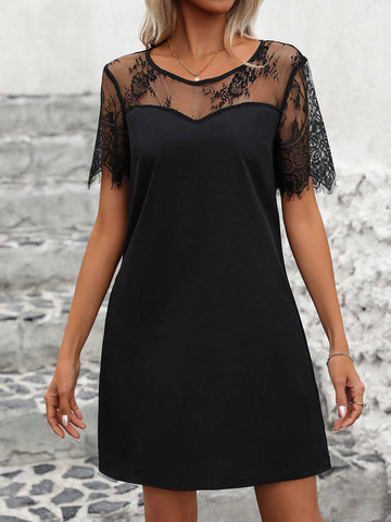 Solid Color Lace Patchwork Dress