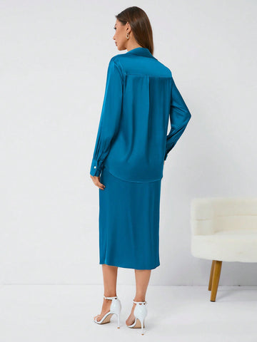 Solid Color Long Sleeve Shirt And Skirt Two Piece Set (No Belt Included)