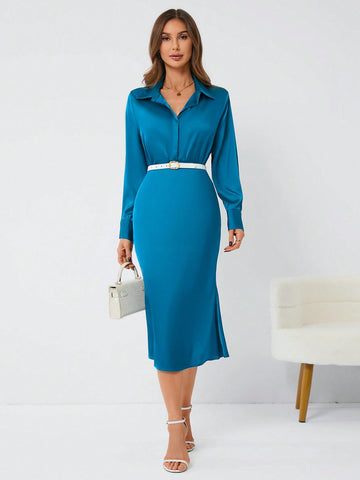 Solid Color Long Sleeve Shirt And Skirt Two Piece Set (No Belt Included)