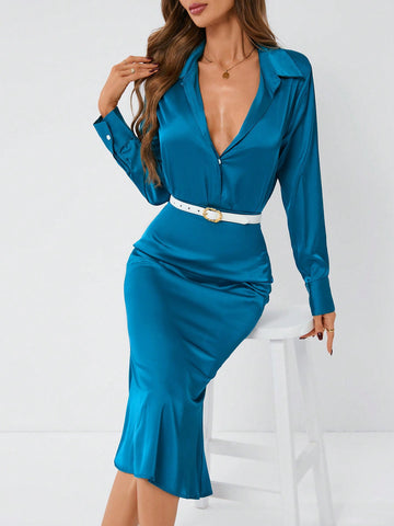 Solid Color Long Sleeve Shirt And Skirt Two Piece Set (No Belt Included)