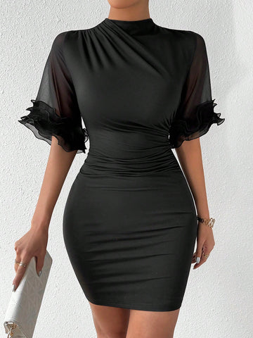Solid Color Mesh Patchwork Slim Fit Dress