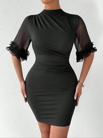 Solid Color Mesh Patchwork Slim Fit Dress