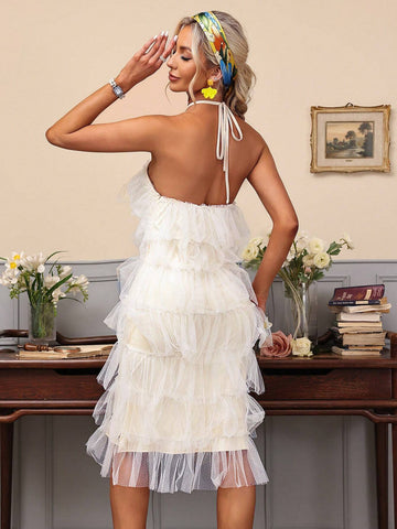 Solid Color Mesh Ruffle Halterneck Maxi Dress