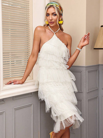 Solid Color Mesh Ruffle Halterneck Maxi Dress