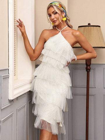Solid Color Mesh Ruffle Halterneck Maxi Dress