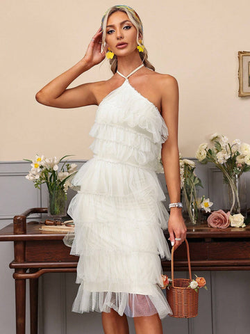 Solid Color Mesh Ruffle Halterneck Maxi Dress