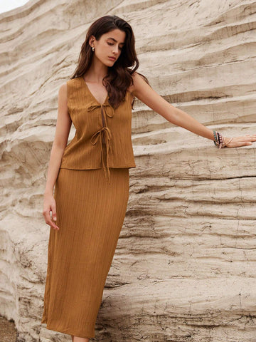 Solid Color New Chinese Style Wrinkle Texture Slimming Bowknot Decor Two-Piece Skirt Set