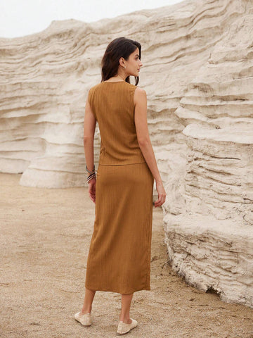 Solid Color New Chinese Style Wrinkle Texture Slimming Bowknot Decor Two-Piece Skirt Set