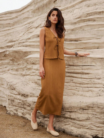 Solid Color New Chinese Style Wrinkle Texture Slimming Bowknot Decor Two-Piece Skirt Set