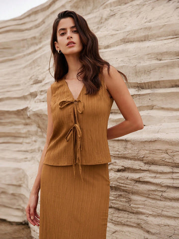 Solid Color New Chinese Style Wrinkle Texture Slimming Bowknot Decor Two-Piece Skirt Set