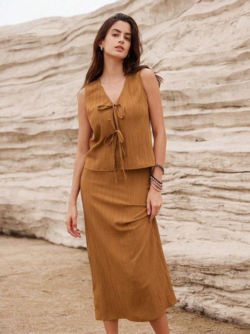 Solid Color New Chinese Style Wrinkle Texture Slimming Bowknot Decor Two-Piece Skirt Set