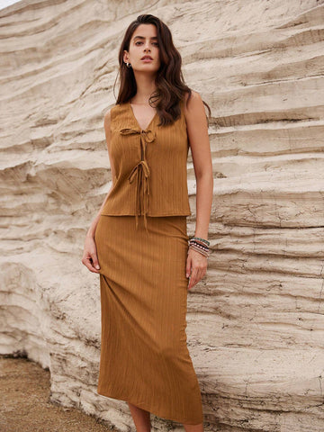 Solid Color New Chinese Style Wrinkle Texture Slimming Bowknot Decor Two-Piece Skirt Set