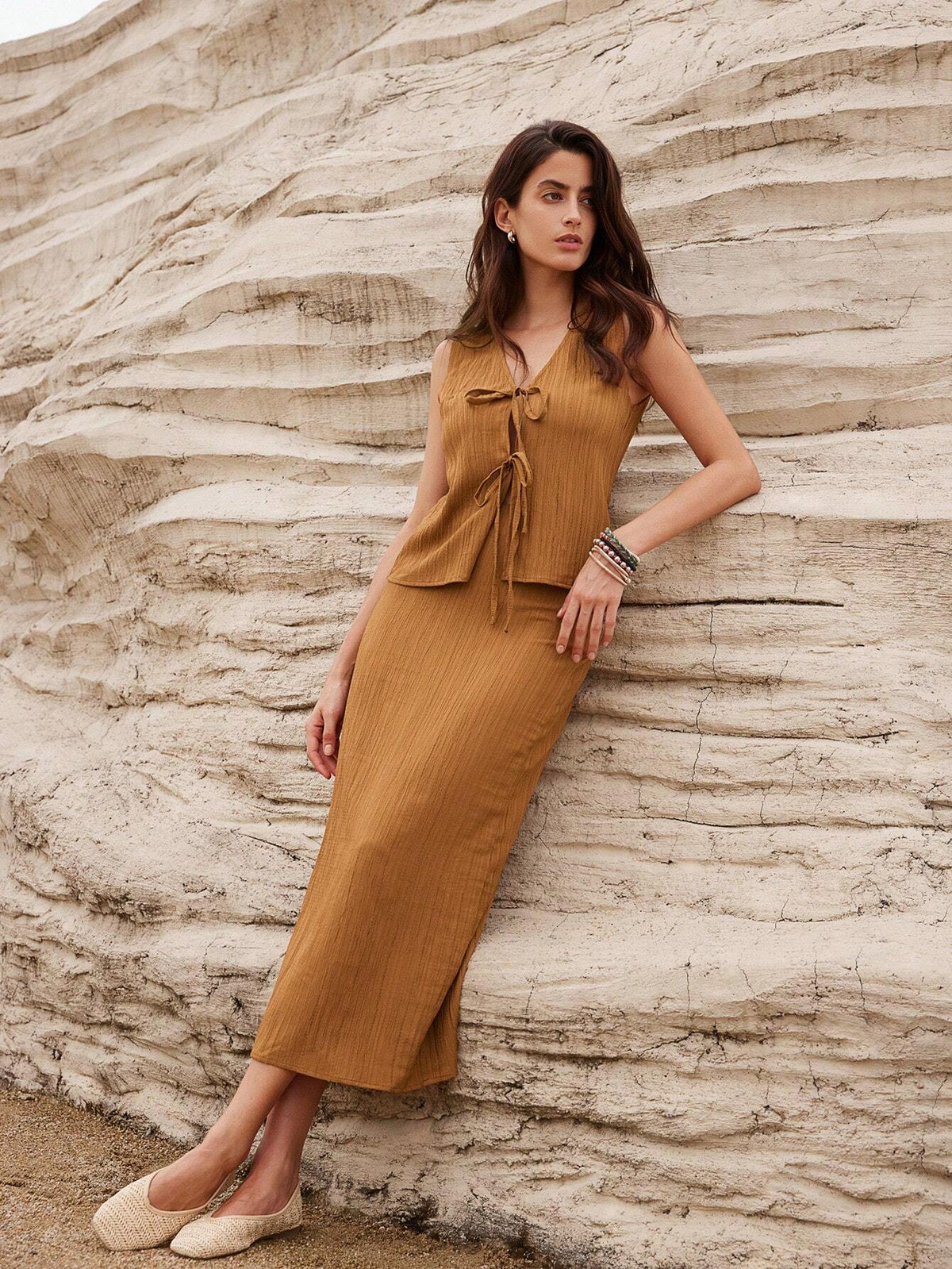 Solid Color New Chinese Style Wrinkle Texture Slimming Bowknot Decor Two-Piece Skirt Set