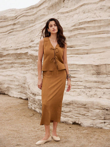 Solid Color New Chinese Style Wrinkle Texture Slimming Bowknot Decor Two-Piece Skirt Set