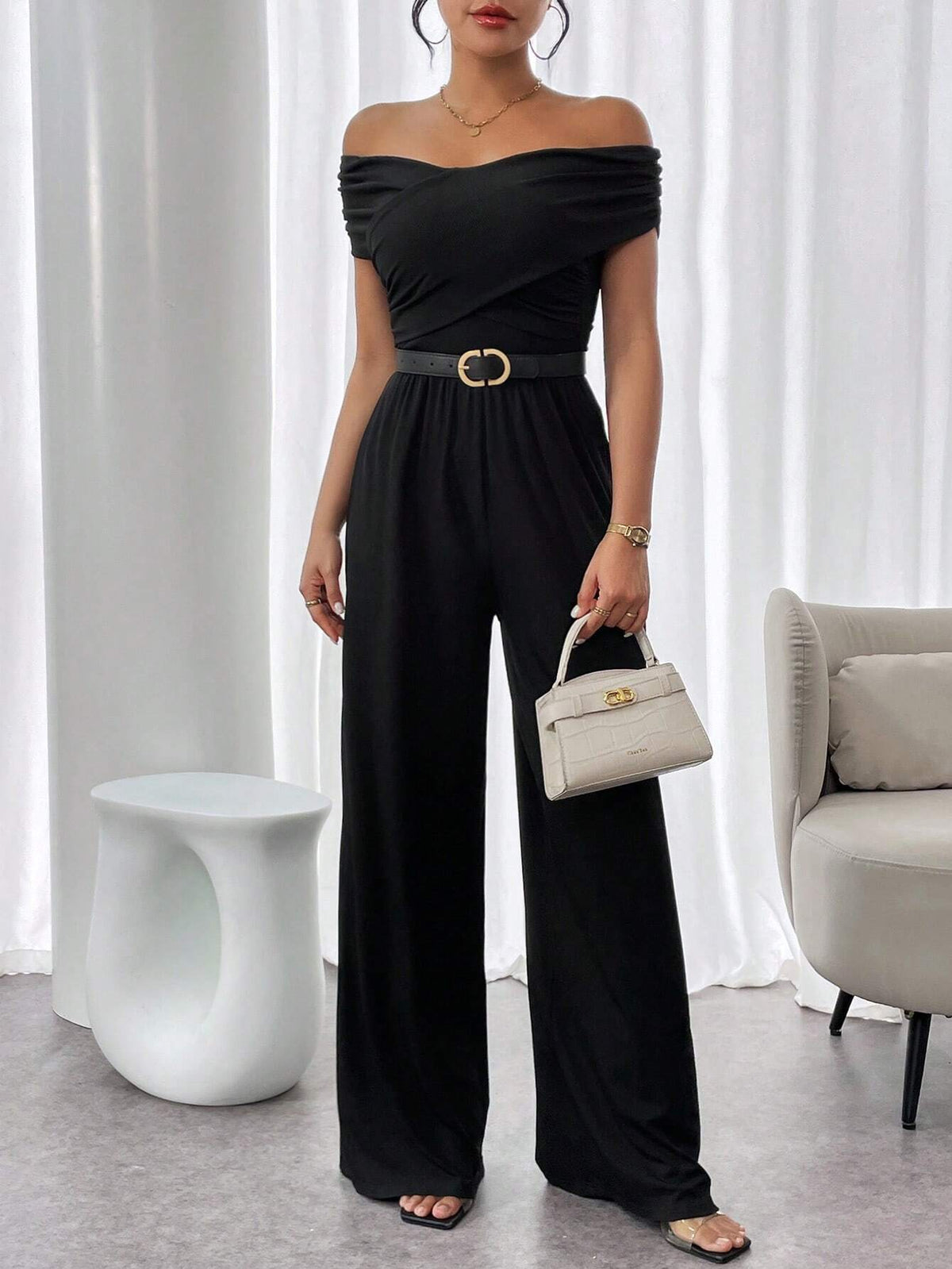 Solid Color Off Shoulder Pleated Wide Leg Casual Jumpsuit