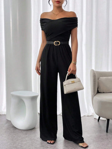 Solid Color Off Shoulder Pleated Wide Leg Casual Jumpsuit