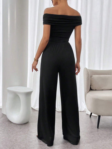 Solid Color Off Shoulder Pleated Wide Leg Casual Jumpsuit