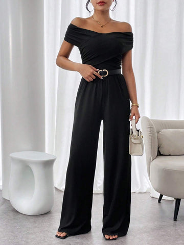 Solid Color Off Shoulder Pleated Wide Leg Casual Jumpsuit