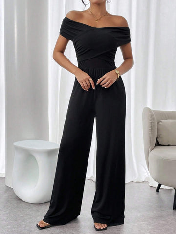 Solid Color Off Shoulder Pleated Wide Leg Casual Jumpsuit