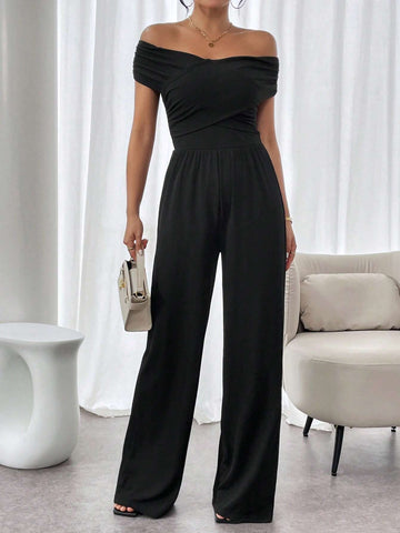 Solid Color Off Shoulder Pleated Wide Leg Casual Jumpsuit