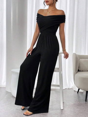 Solid Color Off Shoulder Pleated Wide Leg Casual Jumpsuit