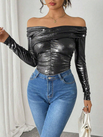 Solid Color Off The Shoulder Long Sleeve Minimalist Casual Blouse