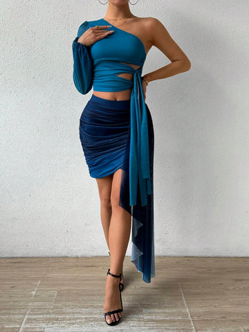 Solid Color One Shoulder Slim Fit Tie-Front Top And Skirt