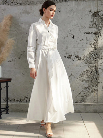 Solid Color Patchwork Eyelet Trim Tie-Waist Long Sleeve Shirt Dress