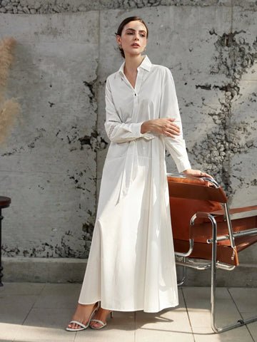 Solid Color Patchwork Eyelet Trim Tie-Waist Long Sleeve Shirt Dress