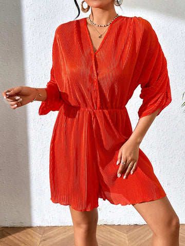 Solid Color Pleated Batwing Sleeve Jumpsuit