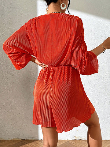 Solid Color Pleated Batwing Sleeve Jumpsuit