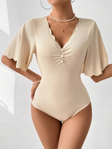 Solid Color Pleated Bodysuit With Scalloped Edge Detail