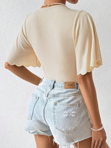 Solid Color Pleated Bodysuit With Scalloped Edge Detail