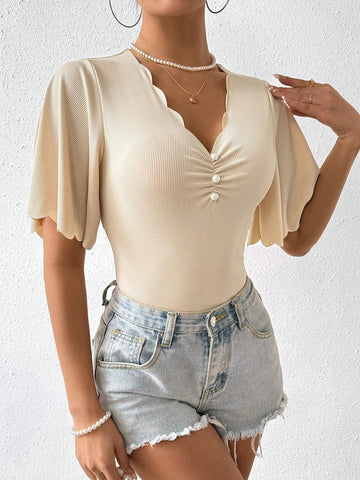 Solid Color Pleated Bodysuit With Scalloped Edge Detail