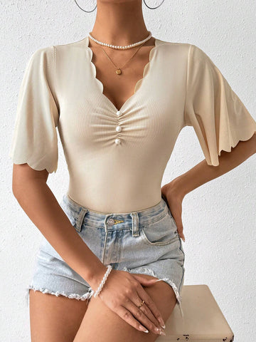 Solid Color Pleated Bodysuit With Scalloped Edge Detail