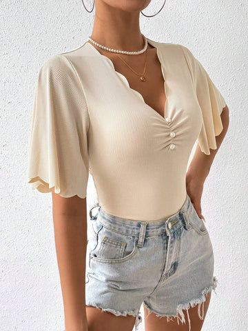 Solid Color Pleated Bodysuit With Scalloped Edge Detail