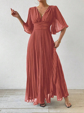Solid Color Pleated Hem Cinched Waist Midi Dress