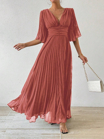 Solid Color Pleated Hem Cinched Waist Midi Dress