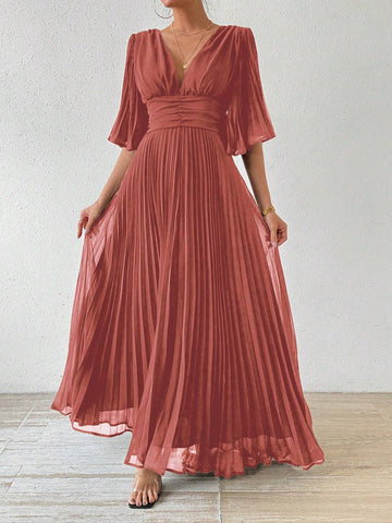 Solid Color Pleated Hem Cinched Waist Midi Dress