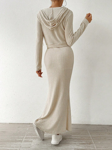 Solid Color Ribbed Knit Casual Two Piece Set