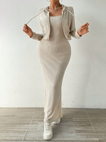 Solid Color Ribbed Knit Casual Two Piece Set