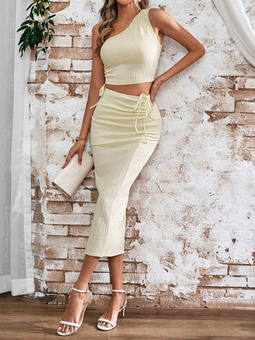 Solid Color Ribbed One Shoulder Cropped Top And Drawstring Skirt With Side Slit